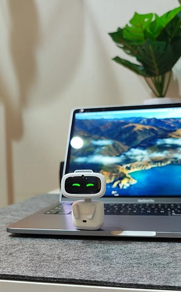 AIBI companion attached beside a laptop