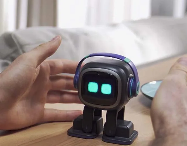 A hand resting gently on the head of an EMO robot
